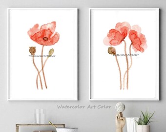 Watercolor Poppies Printable Wall Art, Set of 2 Red Art, Watercolor Painting Flowers, Red Poppy Print Wall Art, Poppy Painting, Floral Decor