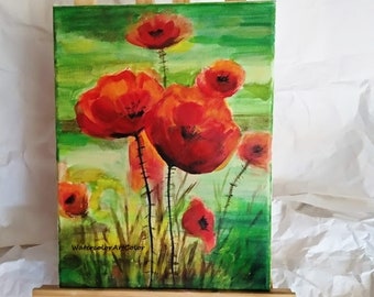 Abstract Poppies Original Acrylic Painting, Hand Painted on Small Canvas, Abstract Floral Wall Art, Red Art Poppies Nature Wall Art.