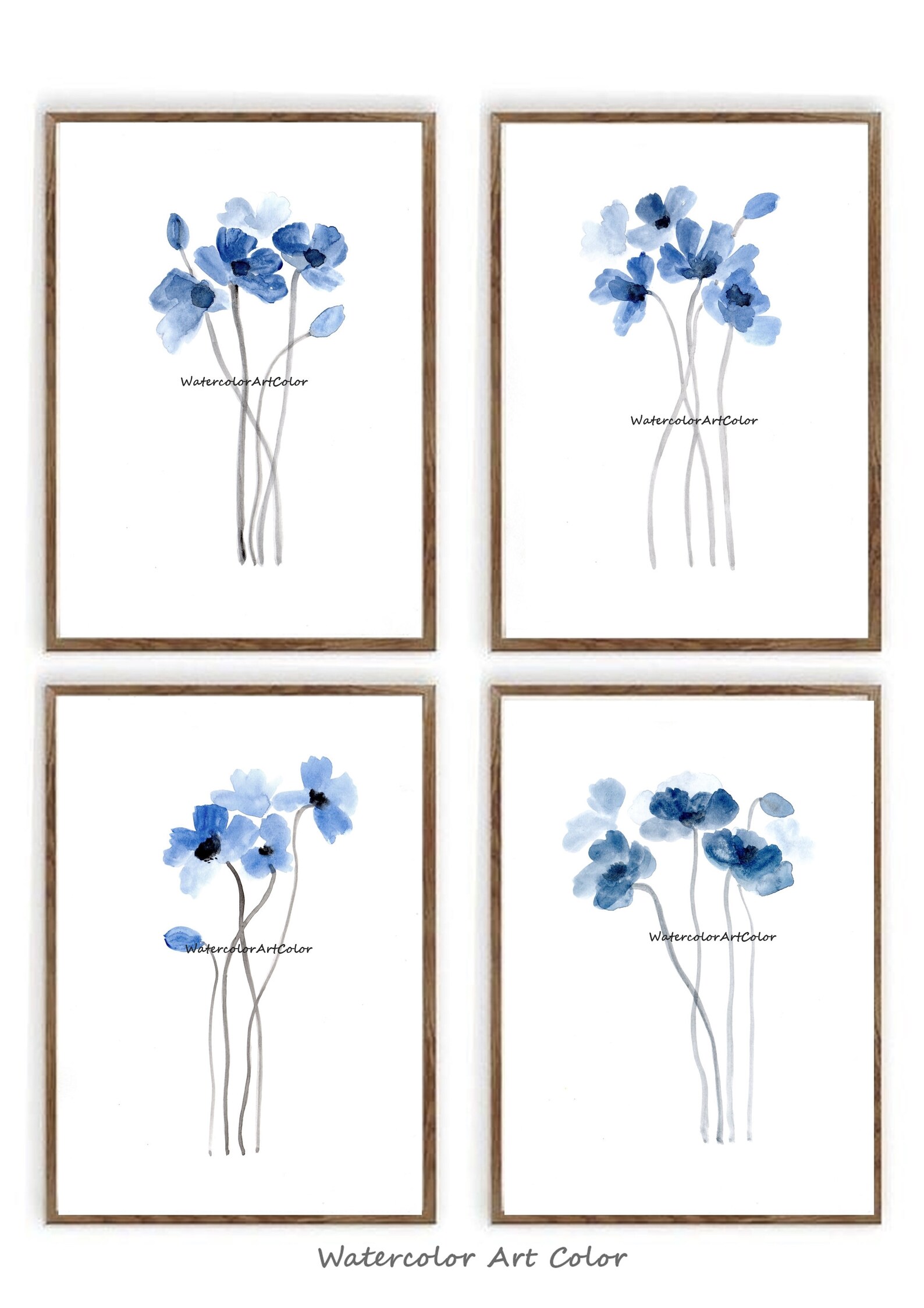 Blue Poppies Watercolor Painting Flowers Art, Watercolor Flowers Set of