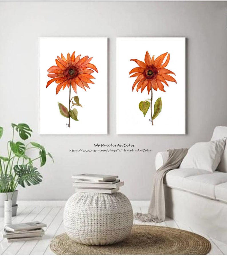 Orange Wall Decor Sunflowers Watercolor Painting Burnt Orange Etsy