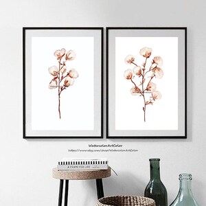 Cotton Artwork Watercolor Large Poster Set of 2 Prints Botanical Art, Printable Wall Art Botanical Set, Bedroom set of 2 Cotton Art . image 3