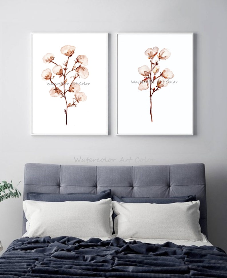 Cotton Artwork Watercolor Large Poster Set of 2 Prints Botanical Art, Printable Wall Art Botanical Set, Bedroom set of 2 Cotton Art . image 2