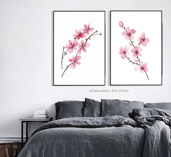 Cherry Blossom Painting Watercolor Flowers Set Of 2 Print Etsy