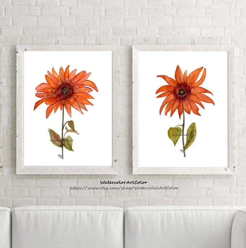 Orange Wall Decor Sunflowers Watercolor Painting Burnt Orange Etsy