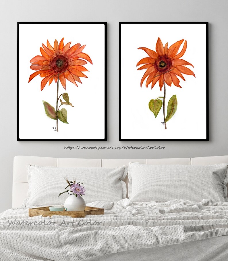 Orange Wall Decor Sunflowers Watercolor Painting Burnt Orange Etsy