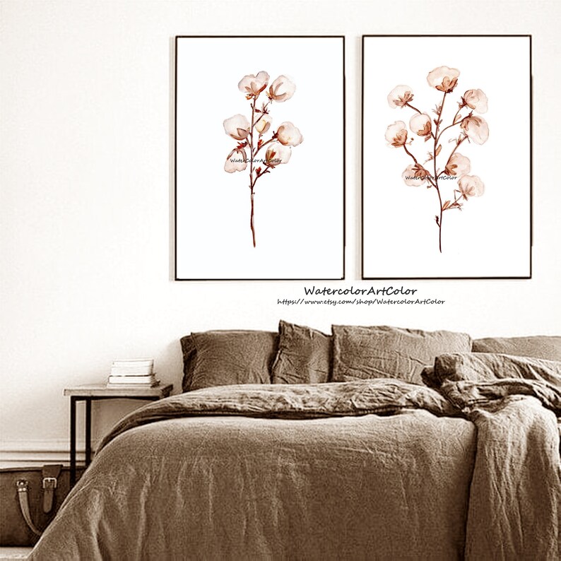 Cotton Artwork Watercolor Large Poster Set of 2 Prints Botanical Art, Printable Wall Art Botanical Set, Bedroom set of 2 Cotton Art . image 6