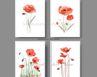 Poppies Watercolor Print Set of 4, Red Poppy Watercolor Painting Floral Decor, Printable Wall Art, Abstract Art Print Poppies  Wall Hanging.