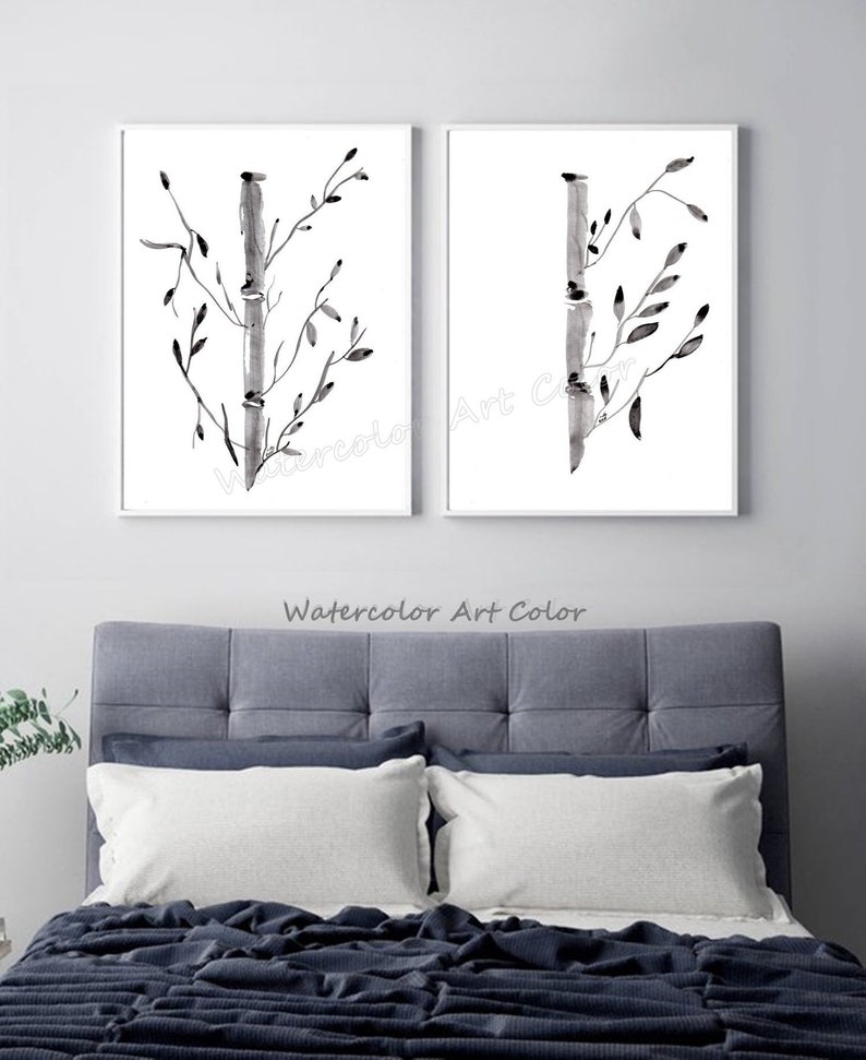 Bamboo Leaves Painting Set Of 2 Prints Watercolor Living Etsy