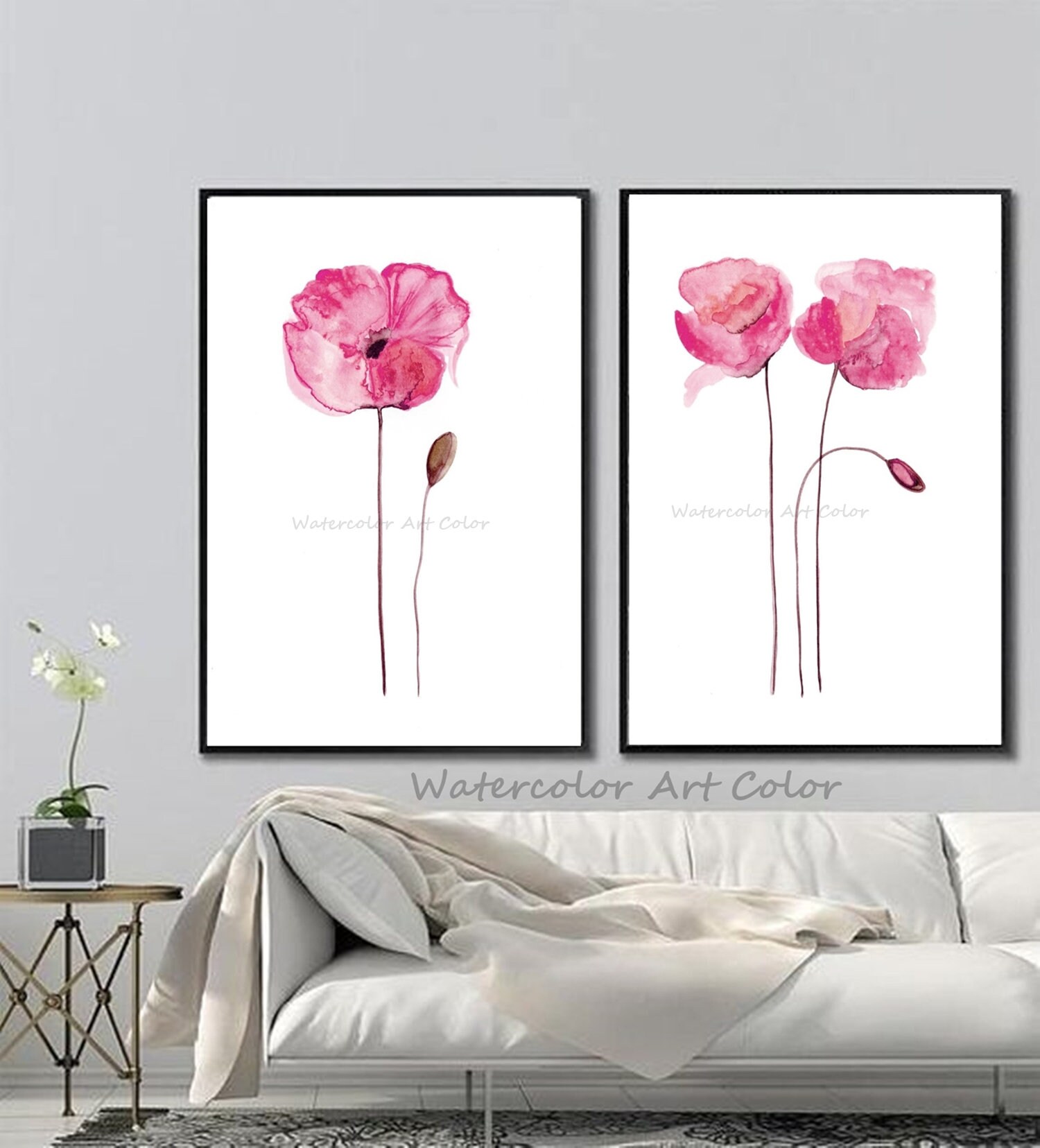 Watercolor Wild flower Botanical Home decor Red poppy poster Floral artwork Minimalist Poppies set of 2 prints Wall art decor