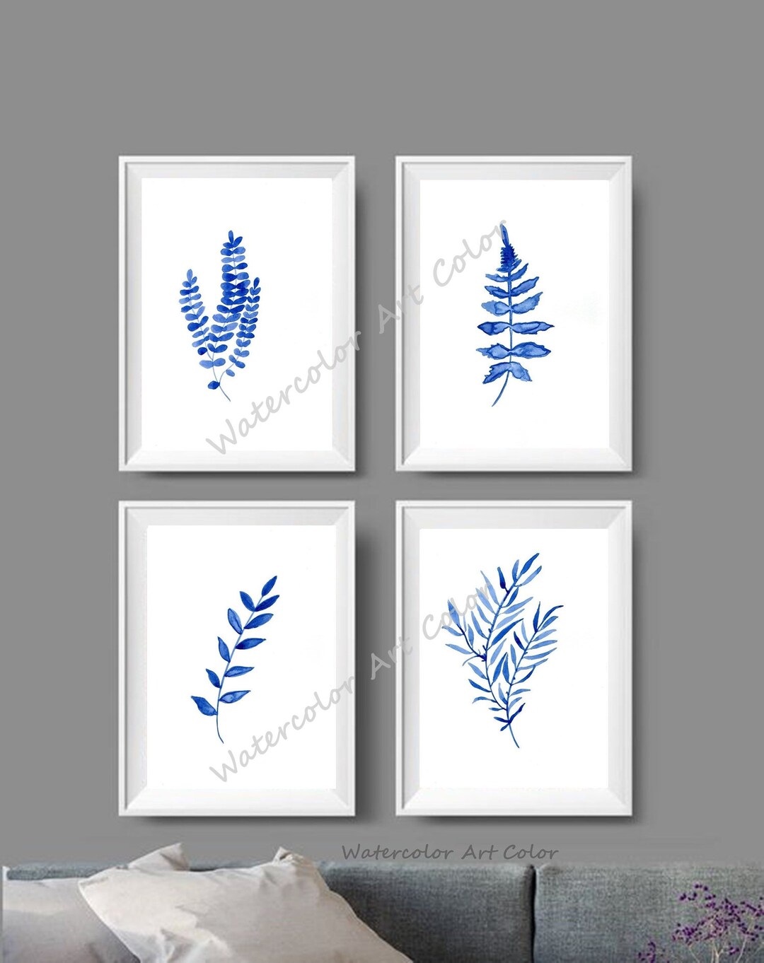 Fern Print Botanical Decor Set of 4 Blue Leaves Clip Art - Etsy