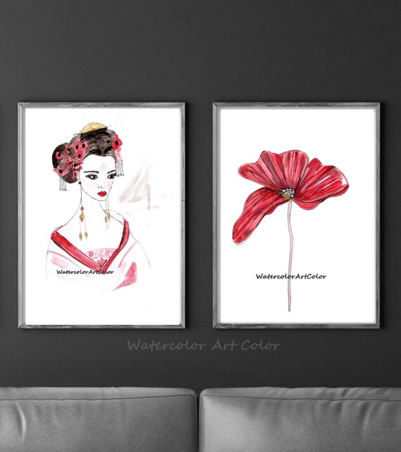 Watercolor Wild flower Botanical Home decor Red poppy poster Floral artwork Minimalist Poppies set of 2 prints Wall art decor