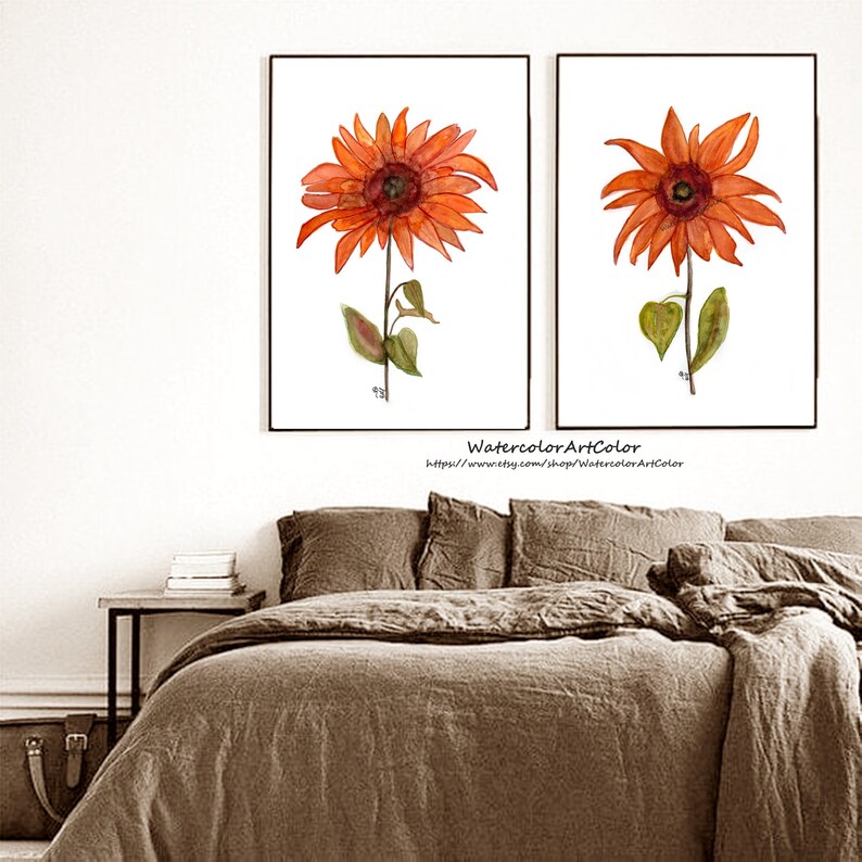 Orange Wall Decor Sunflowers Watercolor Painting Burnt Orange Etsy