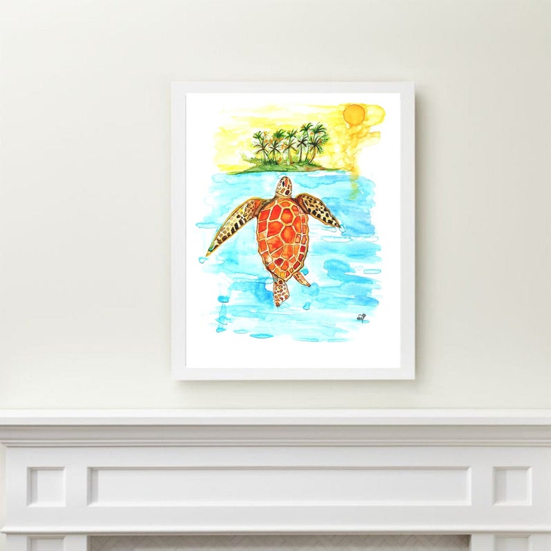 Watercolor Sea Turtle, Home Decor Wall Prints, Turtle Under the Island, Art Wall, Beach Art