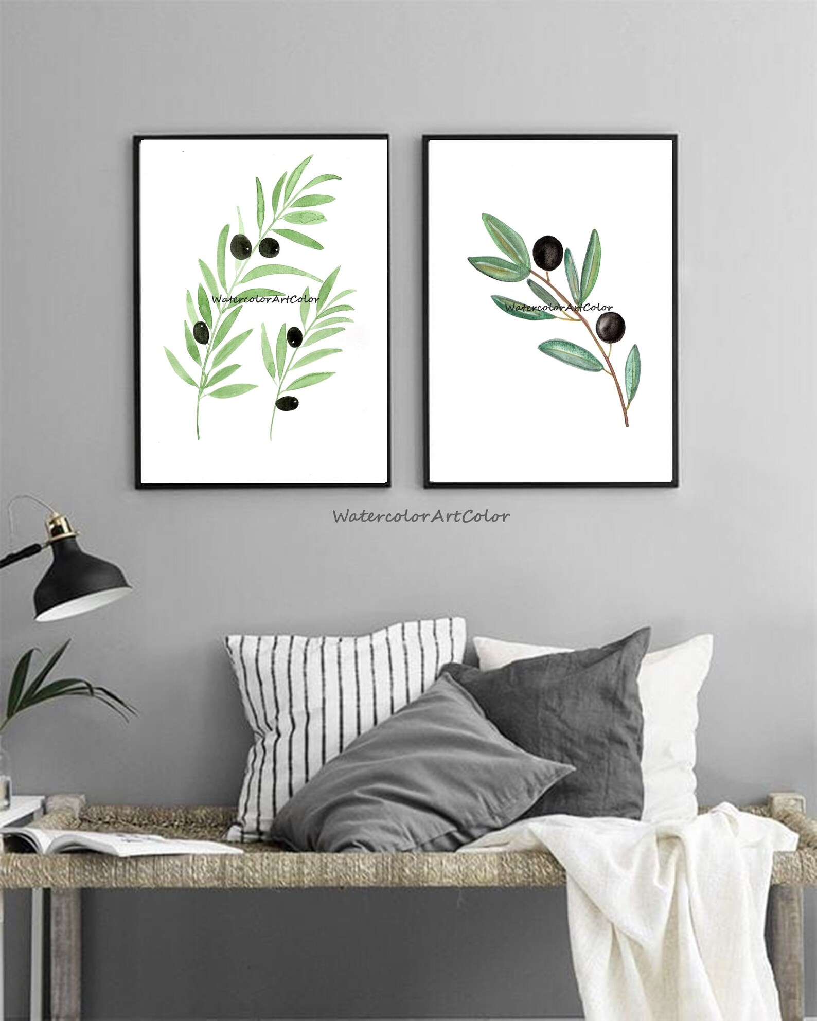 Set of 2 Watercolor Olive Tree Wall Art Botanical Decor, Watercolor