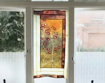 Rustic Stained Glass Inspired Linen Window Treatment ~ Japanese Noren Curtains ~ Japandi Wall Art  ~ Wabi Sabi Art~ Dorm Decor For Girls