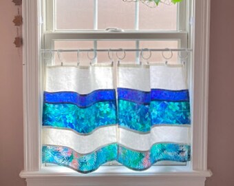 Sunny Cafe Curtain Set in Blue Batiks & Linen ~ Kitchen Curtains or Valance ~ Guest Bath Decor