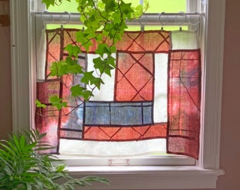 Hand-Dyed Mondrian Inspired Cafe Curtain ~ Linen Noren Curtain ~ Organic Design Room Divider ~ Japandi ~ Wabi Sabi Art~ Dorm Decor