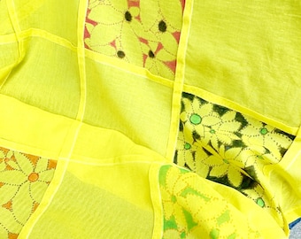 Handmade Yellow Patchwork Cotton Voile Cafe Curtain ~ Floral Daisy Sun Catcher Curtain ~ Cottagecore Window Sheer
