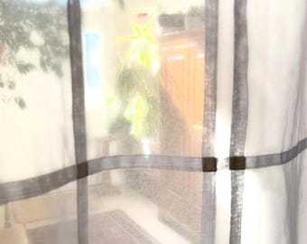 Cotton Voile Sheer Curtain • White Grid Pattern • Luxury Fabric Drapery
