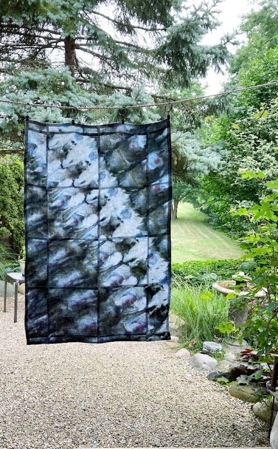 Shibori Curtain Panel: Hand-Dyed Organic Cotton, Sea Green Abstract Art