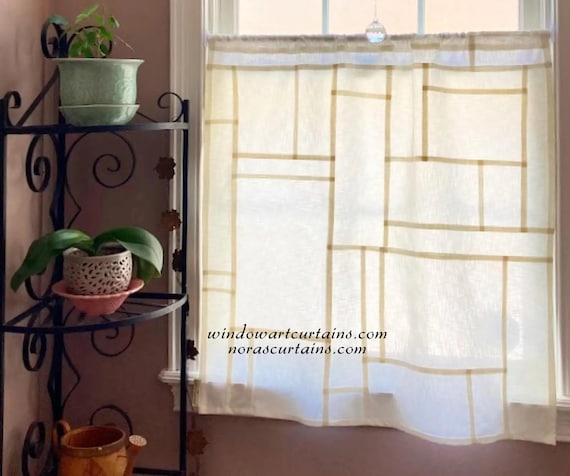 Off-White ~ Linen Look Mansa Cotton Curtain Panel: Korean Pojagi Patchwork, Opaque Fabric