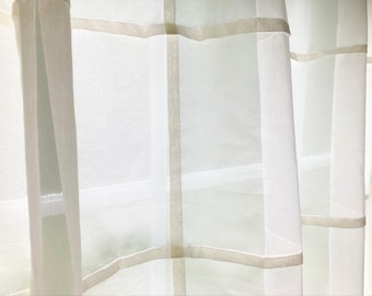Grid Cafe Curtain •  8 Neutral Tones • Light Filtering Sheer Cotton Voile Window Hanging