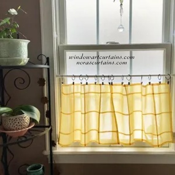 Butter Yellow Cotton Curtain Panel, Grid Design, Hypoallergenic ~ Hand-Dyed