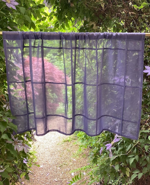 Hand-Dyed Navy Blue Grid Design ~ Curtain Panel: Soft Cotton Voile ~ Sheer Curtains