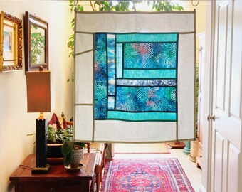 Linen & Turquoise Batiks Curtain Panel ~ Room Dividers ~ Noren ~ Cafe Curtains ~ Korean Fabric Art~ Pojagi Patchwork