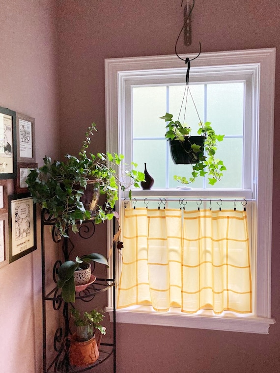 Butter Yellow Grid Design ~ Organic Cotton Curtain Panel: Custom Sheer Voile ~  Hand-Dyed