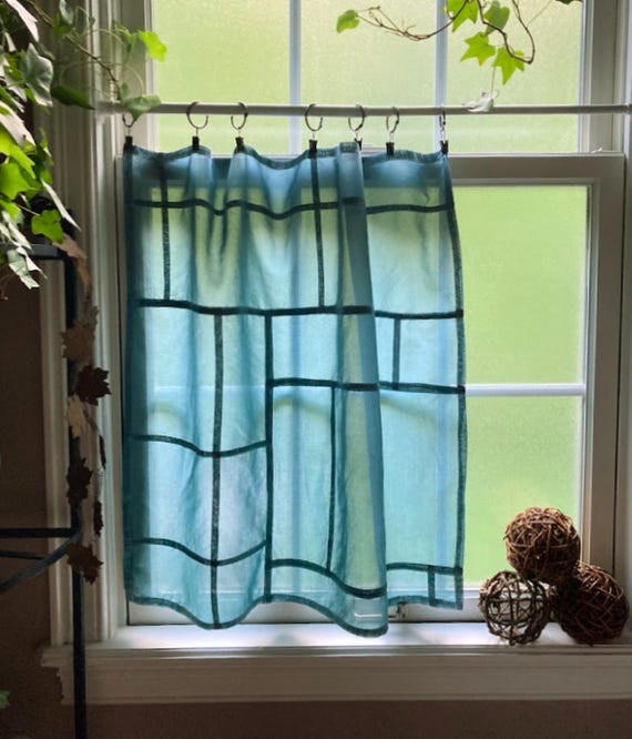 Hand-Dyed Blue Spruce Custom Pojagi Curtain Panel ~ Organic Cotton Voile~ Sheer Curtains