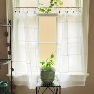 Pode incluir: Cortinas brancas transparentes com um padrão de grade penduradas em frente a uma janela. Uma pequena planta verde em vaso está em um suporte de metal preto. As videiras verdes pendem da barra da cortina.