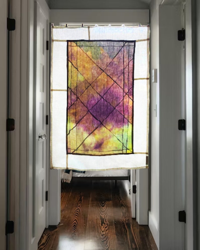 Hand-Dyed Stain Glass Inspired Linen Curtain Hand-Dyed Japandi Wall Art Enchanting Privacy Screen Dorm Decor For Girls image 1