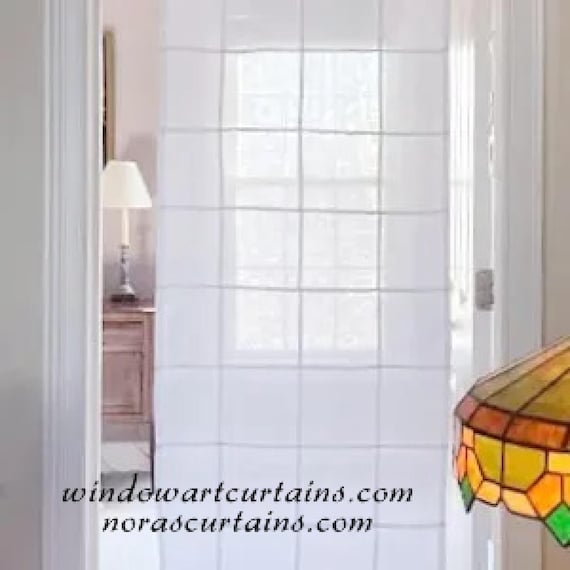 White Grid Curtains ~ Linen Look Mansa Cotton, Hand-Dyed Panel