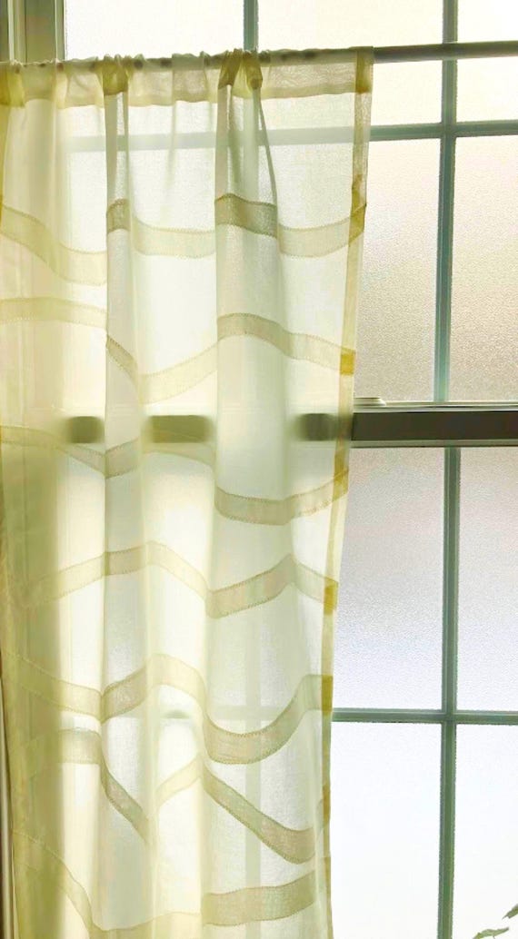 Organic Cotton Voile Curtain Off-White Panel: Wave Design ~ Custom Size ~ Sheer Curtains