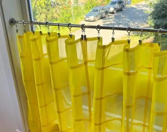 Sheer Cotton Voile Curtain Geometric Grid Panel in Saffron Yellow