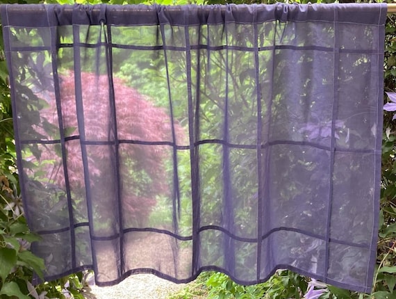 Hand-Dyed Navy Blue Cotton Voile Curtain Panel: Grid Design ~ Sheer Curtains