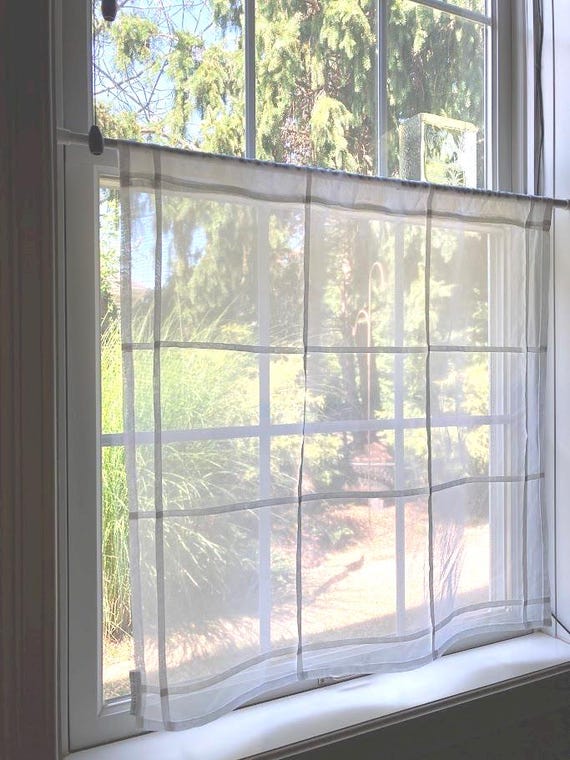 Organic Cotton Voile Curtain Panel: White Grid Design, Custom Size ~ Sheer Curtains