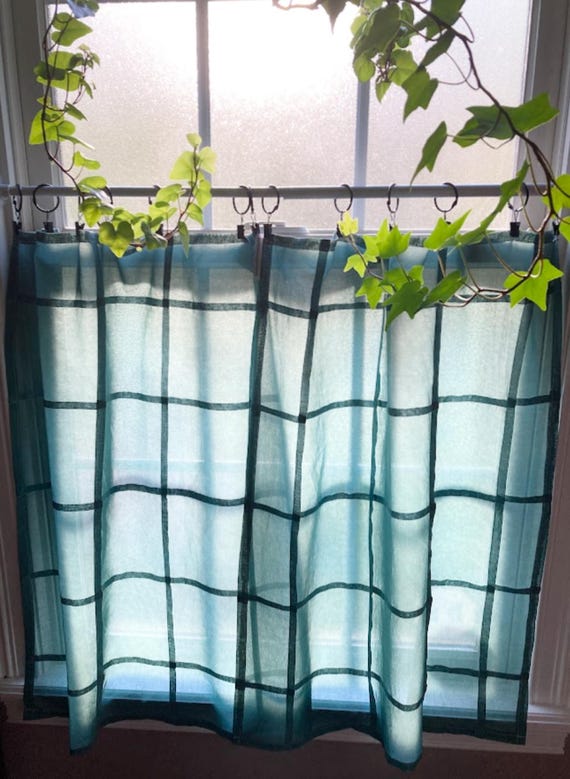 Hand-Dyed Blue Spruce Cotton Voile Curtain Panel: Grid Design, Custom Size ~ Sheer Curtains