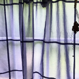Hand-Dyed Navy Blue Cotton Voile Curtain Panel: Glass Block Grid ~ Sheer Curtains