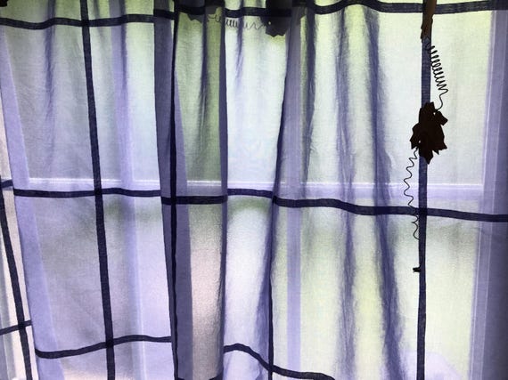 Hand-Dyed Navy Blue Cotton Voile Curtain Panel: Grid Design ~ Sheer Curtains