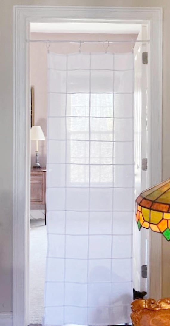 White Grid Curtain Panel, Mansa Cotton Linen Look, Hand-Dyed Opaque Fabric