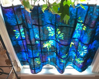 Evening Primrose Pojagi Grid Panel • Handmade Botanical Etching • Minimalist Cafe Curtain