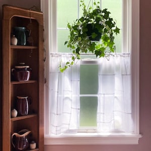 May include: A tall wooden corner shelf unit with four tiers holding various ceramic pitchers and small pots. Beside it, a window features white semi-sheer curtains with a grid pattern and a hanging green ivy plant suspended from the top frame.
