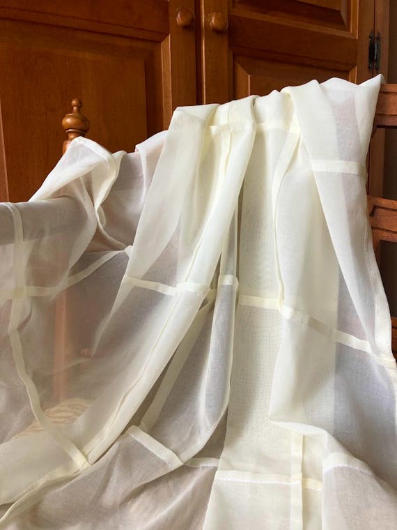 Off-White Grid Design Curtain Panel: Soft Organic Cotton Voile