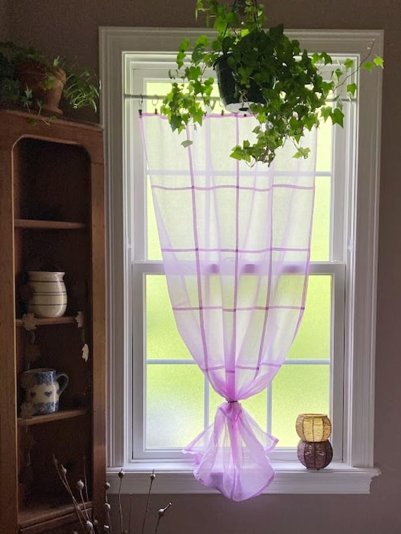 Lavender Grid Design Curtain Panel: Soft Organic Cotton Voile, Hand-Dyed ~ Sheer Curtains