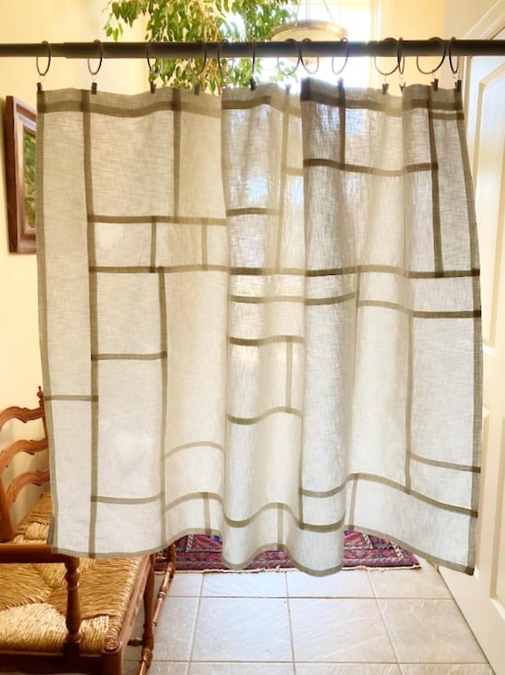 Off-White ~ Linen Look Mansa Cotton Curtain Panel: Korean Pojagi Patchwork, Opaque Fabric