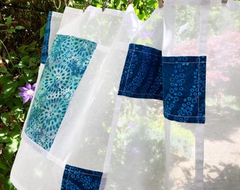 Blue Batik Cotton Voile Pojagi Panel • Minimalist Japandi Cafe Curtain