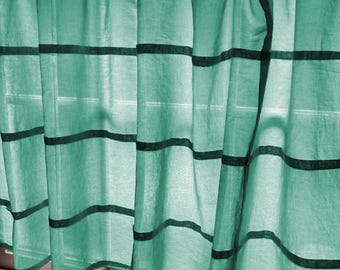 Custom Hand-Dyed Cotton Voile Window Panel Cafe Curtain in Patina Blue Geometric Grid
