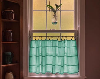 Hand-Dyed Cotton Voile Window Panel with Geometric Grid Design in Patina Blue